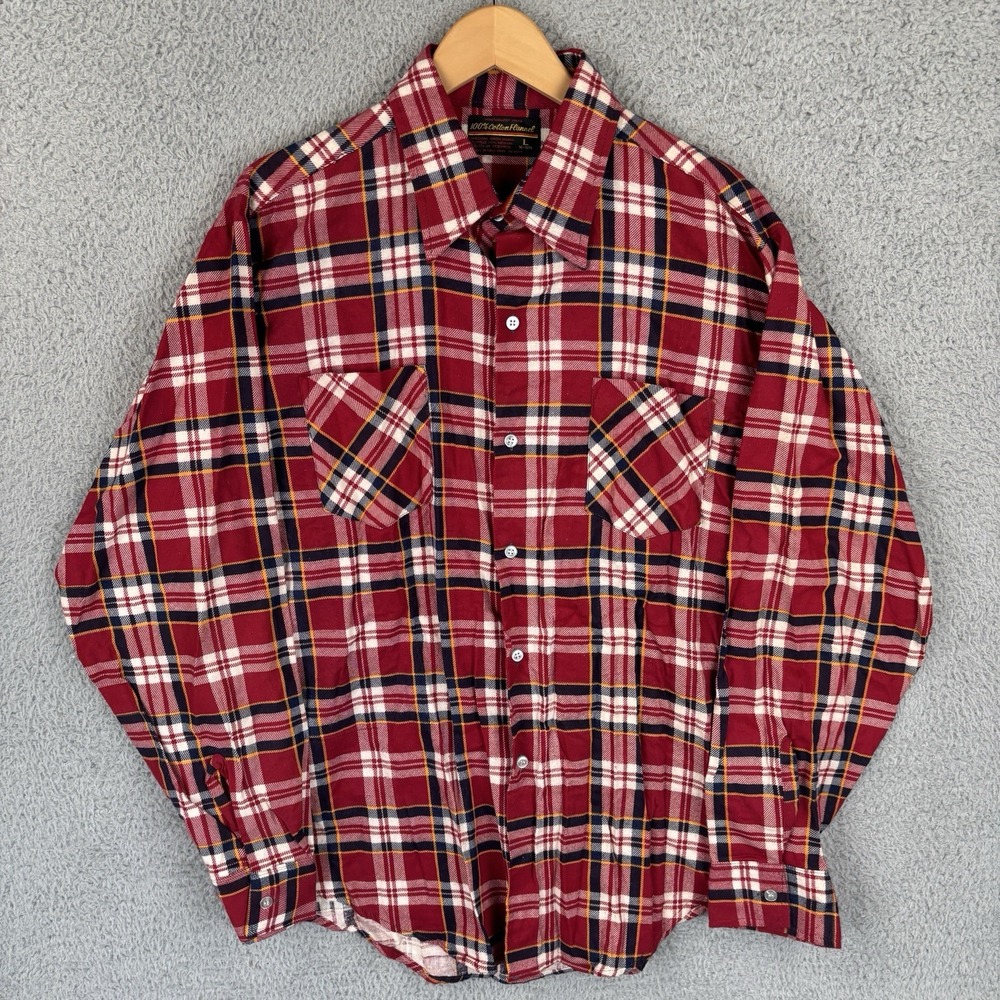 Vintage 70s Montgomery Ward Flannel Shirt Mens Large Red Plaid Work 100% Cotton